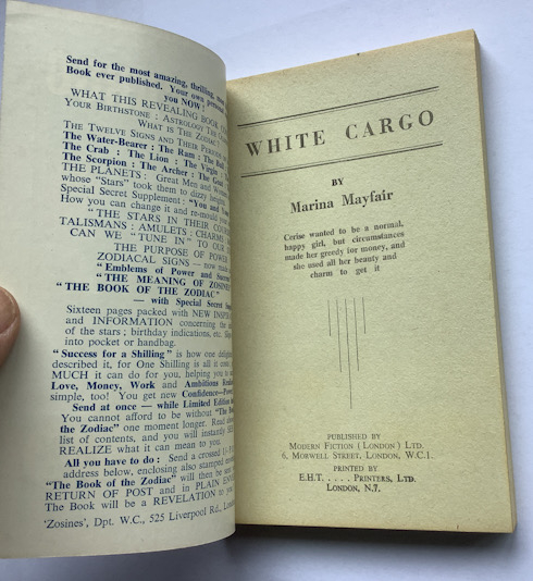 WHITE CARGO British pulp fiction crime book Marina Mayfair circa 1953